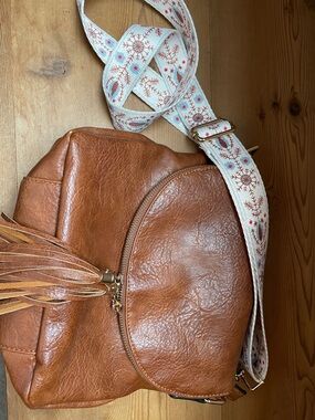Tan Leather Crossbody Bag with Embroidered Strap